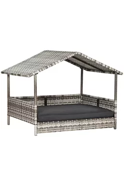 Outlet 👏 PawHut Wicker 🦮 Dog House Raised Rattan Pet Cabana for Small to Medium sized Animals with Cushion Canopy Comfortable Lounger Charcoal Grey 🛒