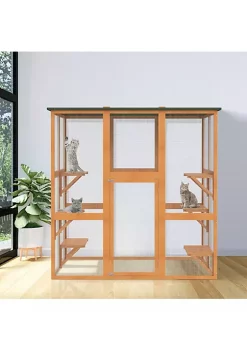 Best Sale 😉 PawHut Large Wooden Outdoor Catio Enclosure Cat Patio with 6 Balanced Platforms and Asphalt Roof 71" x 38" x 71" Orange 🥰 -Cheap PawHut Store Belk 205