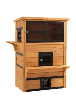 Discount 🛒 PawHut 3 Tier Feral Cat House Outdoor Kitten Condo Shelter with Raised Floor Asphalt Roof Escape Door Jumping Platform Yellow 🔔 -Cheap PawHut Store Belk 271