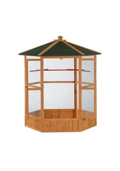 Buy ⭐ PawHut 69" Large Wooden Hexagonal Outdoor Aviary Flight Bird Cage With Covered Roof ✨