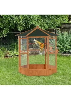 Buy ⭐ PawHut 69" Large Wooden Hexagonal Outdoor Aviary Flight Bird Cage With Covered Roof ✨ -Cheap PawHut Store Belk 305