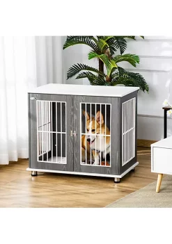 Buy 👍 PawHut 34'' 2 in 1 Wooden 🐶 Dog Kennel Modern Wire Animal Crate Pet Cage with Lockable Door and Adjustable Foot Pads for Small and Medium 🐶 Dogs Grey and White 👍 -Cheap PawHut Store Belk 324