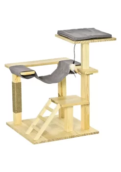 Best Pirce 🤩 PawHut 25" Cat Tree Kitty Activity Center Pinewood Climbing Toy Indoor Pet Furniture with Jute Scratching Post Bed Perch Hanging Ladder Cushion Natural 😍