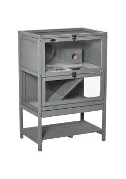 Outlet 👏 PawHut Wooden Hamster Cage Mice Rodent Small Animals Kit Hutch 2 Tier Exercise Play House with Storage Shelf Sliding Tray Seesaw Running Wheel Lockable Roof 23" x 15" x 35" Grey ✔️