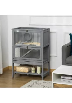Outlet 👏 PawHut Wooden Hamster Cage Mice Rodent Small Animals Kit Hutch 2 Tier Exercise Play House with Storage Shelf Sliding Tray Seesaw Running Wheel Lockable Roof 23" x 15" x 35" Grey ✔️ -Cheap PawHut Store Belk 349