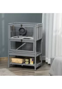 Outlet 👏 PawHut Wooden Hamster Cage Mice Rodent Small Animals Kit Hutch 2 Tier Exercise Play House with Storage Shelf Sliding Tray Seesaw Running Wheel Lockable Roof 23" x 15" x 35" Grey ✔️ -Cheap PawHut Store Belk 350