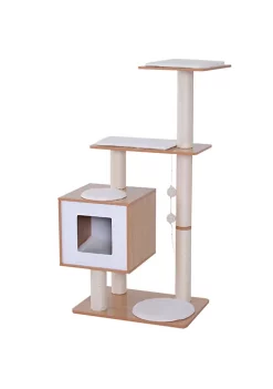 New ✨ PawHut 47” Modern Cat Tree Multi Level Scratching Post With Cube Cave Enclosure Oak Wood and White 🤩 -Cheap PawHut Store Belk 364