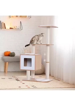 New ✨ PawHut 47” Modern Cat Tree Multi Level Scratching Post With Cube Cave Enclosure Oak Wood and White 🤩 -Cheap PawHut Store Belk 365