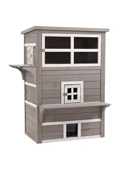 Discount 💯 PawHut 3 Tier Feral Cat House Outdoor Kitten Condo Shelter with Raised Floor Asphalt Roof Escape Door Jumping Platform Grey 🎁