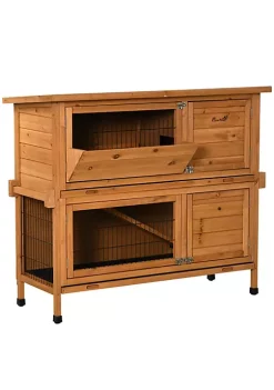 Budget 🥰 PawHut 47" 2 Story Rabbit Hutch Wooden Bunny Cage Guinea Pig House Indoor Outdoor w/ Pull Out Tray Openable Roof Ramp Feeding Shelf Handle Orange 🔔