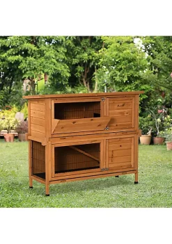 Budget 🥰 PawHut 47" 2 Story Rabbit Hutch Wooden Bunny Cage Guinea Pig House Indoor Outdoor w/ Pull Out Tray Openable Roof Ramp Feeding Shelf Handle Orange 🔔 -Cheap PawHut Store Belk 429