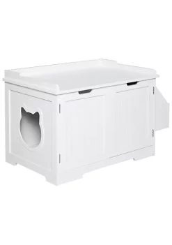 Wholesale ⭐ PawHut Wooden Cat Litter Box Enclosure Kitten House with Nightstand End Table and Storage Rack Magnetic Doors White 🌟 -Cheap PawHut Store Belk 456
