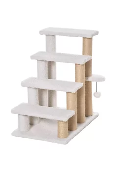 Best Pirce 😀 PawHut 4 Levels Cat Steps Pet Stairs Carpeted Ladder Cat Tree Climber with Scratching Posts Small Platform Hanging Ball for High Bed Sofa White ⌛ -Cheap PawHut Store Belk 471