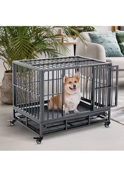 Best Pirce ✨ PawHut Heavy Duty 🐕 Dog Cage Kennel Crate Pet Playpen w/ Pull Out Tray Wheels for Medium Small 🐕 Dogs Grey ⌛ -Cheap PawHut Store Belk 519