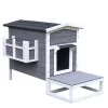 Wholesale ✨ PawHut Wooden Large Deluxe Elevated Indoor Outdoor Cat House with Porch and Balcony Dark Grey/White 🔥