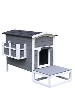 Wholesale ✨ PawHut Wooden Large Deluxe Elevated Indoor Outdoor Cat House with Porch and Balcony Dark Grey/White 🔥 -Cheap PawHut Store Belk 534