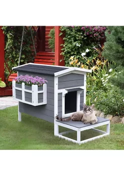 Wholesale ✨ PawHut Wooden Large Deluxe Elevated Indoor Outdoor Cat House with Porch and Balcony Dark Grey/White 🔥 -Cheap PawHut Store Belk 535