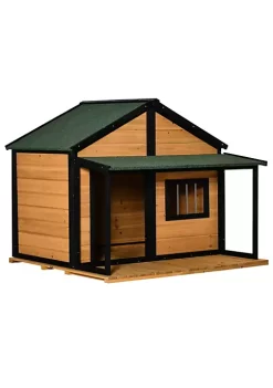 Flash Sale 🎁 PawHut Outdoor Cabin Style House Wooden Raised Pet Kennel with Asphalt Roof Front Door Side Windows Deck for Medium/Large 🦮 Dogs 53 Lbs. Yellow 😍