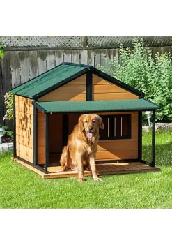 Flash Sale 🎁 PawHut Outdoor Cabin Style House Wooden Raised Pet Kennel with Asphalt Roof Front Door Side Windows Deck for Medium/Large 🦮 Dogs 53 Lbs. Yellow 😍 -Cheap PawHut Store Belk 599