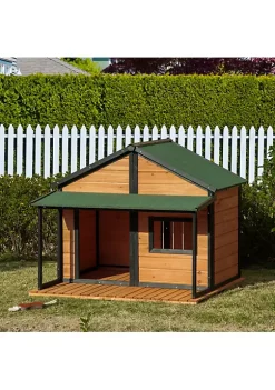 Flash Sale 🎁 PawHut Outdoor Cabin Style House Wooden Raised Pet Kennel with Asphalt Roof Front Door Side Windows Deck for Medium/Large 🦮 Dogs 53 Lbs. Yellow 😍 -Cheap PawHut Store Belk 600