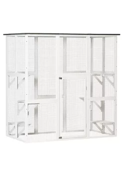 Flash Sale ๐ฅ PawHut Large Wooden Outdoor Catio Enclosure Cat Patio with 6 Balanced Platforms and Asphalt Roof 71" x 38" x 71" White ๐ฅฐ