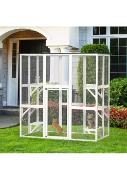 Flash Sale 🔥 PawHut Large Wooden Outdoor Catio Enclosure Cat Patio with 6 Balanced Platforms and Asphalt Roof 71" x 38" x 71" White 🥰 -Cheap PawHut Store Belk 609