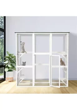 Flash Sale 🔥 PawHut Large Wooden Outdoor Catio Enclosure Cat Patio with 6 Balanced Platforms and Asphalt Roof 71" x 38" x 71" White 🥰 -Cheap PawHut Store Belk 610