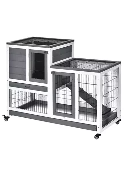 Coupon ✔️ PawHut Wooden Indoor Rabbit Hutch Elevated Cage Habitat with Enclosed Run with Wheels Ideal for Rabbits and Guinea Pigs Grey and White 🎉 -Cheap PawHut Store Belk 671