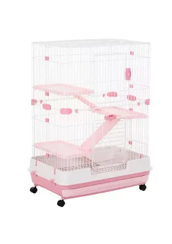 Best Sale 🔔 PawHut 43”L 4 Level Indoor Small Animal Cage Rabbit Hutch Multi Activity Exercise Centre with Universal Wheels Brakes Slide out Tray Pink 🎉