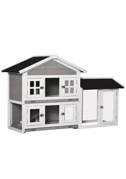 Coupon ✨ PawHut 59" Wooden Rabbit Hutch 2 Tier Bunny House Pet Playpen Enclosure for Indoor Outdoor with Slide out Tray Ramp for Rabbits and Small Animals Grey 😀