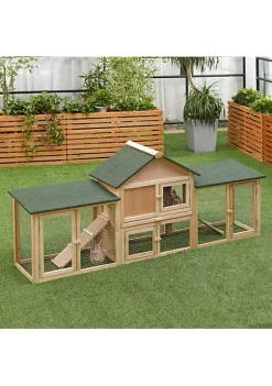 Discount 😀 PawHut 83 " Wooden Rabbit Hutch Large Bunny House Chicken Coop with Double Running Boxes Removable Tray and Waterproof Roof Natural ❤️ -Cheap PawHut Store Belk 700