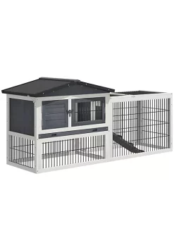 Deals 🔥 PawHut Fir Wood Rabbit Hutch with 2 Story Design Bunny Cage Run with Patio Asphalt Roof and Pull Out Tray Grey 👏