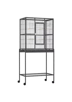 New 🥰 PawHut 30" Rolling Metal Bird Cage Feeder with Detachable Rolling Stand Storage Shelf Wood Perch and Food Container ❤️