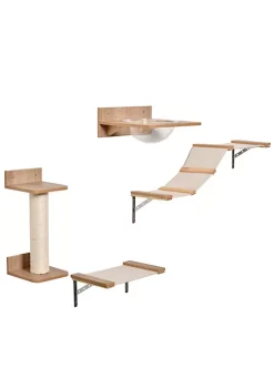 Buy ๐ PawHut Indoor Cat Activity Tree 4 Piece Set Mounted Pet Climbing Perches Kitten Center with Feeding Station Hammock Stairs Scratching Post Jumping Platform Beige โ๏ธ