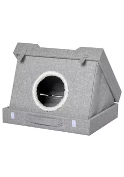 Promo ✨ PawHut Cat House Foldable 2 In 1 Design Condo Pet Bed with Removable Washable Cushions Scratching Pad Grey 🔥