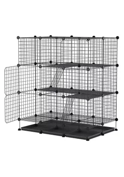 Hot Sale 🎉 PawHut Pet Playpen DIY Small Animal Cage Wire Rabbit Pen for Kitten Chinchillas Guinea Pig with Doors Ramps and Trays Black 🎉 -Cheap PawHut Store Belk 854