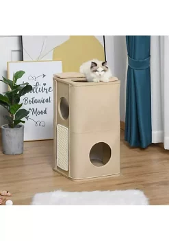 Budget 😉 PawHut Wooden Cat Condo 3 Story Barrel Tower w/ Perch Removable Cover Cushions Sisal Scratching Carpet Brown 🎉 -Cheap PawHut Store Belk 939