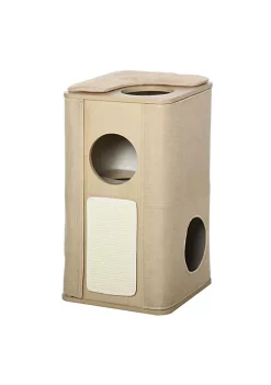 Budget 😉 PawHut Wooden Cat Condo 3 Story Barrel Tower w/ Perch Removable Cover Cushions Sisal Scratching Carpet Brown 🎉 -Cheap PawHut Store Belk 940