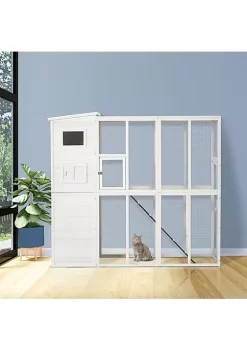 Best Pirce ✨ PawHut Large Wooden Outdoor Cat House with Large Run for Play Catio for Lounging and Condo Area for Sleeping White ❤️ -Cheap PawHut Store Belk 964