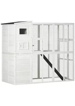 Best Pirce ✨ PawHut Large Wooden Outdoor Cat House with Large Run for Play Catio for Lounging and Condo Area for Sleeping White ❤️ -Cheap PawHut Store Belk 965