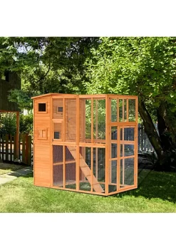 Coupon ✔️ PawHut Large Wooden Outdoor Cat House with Large Run for Play Catio for Lounging and Condo Area for Sleeping Natural 🥰 -Cheap PawHut Store Belk 969