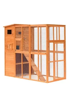 Coupon ✔️ PawHut Large Wooden Outdoor Cat House with Large Run for Play Catio for Lounging and Condo Area for Sleeping Natural 🥰 -Cheap PawHut Store Belk 970