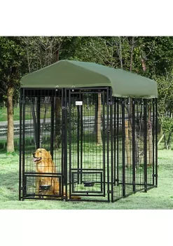 Cheapest ✔️ PawHut Outdoor 🦮 Dog Kennel Lockable Pet Playpen Crate Welded Wire Steel Fence with Water UV Resistant Canopy Rotating Bowl Holders Door 8ft x 4ft x 6ft Green 🎁 -Cheap PawHut Store Belk 973