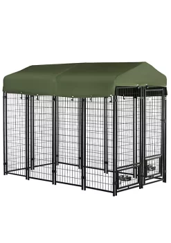 Cheapest ✔️ PawHut Outdoor 🦮 Dog Kennel Lockable Pet Playpen Crate Welded Wire Steel Fence with Water UV Resistant Canopy Rotating Bowl Holders Door 8ft x 4ft x 6ft Green 🎁 -Cheap PawHut Store Belk 975